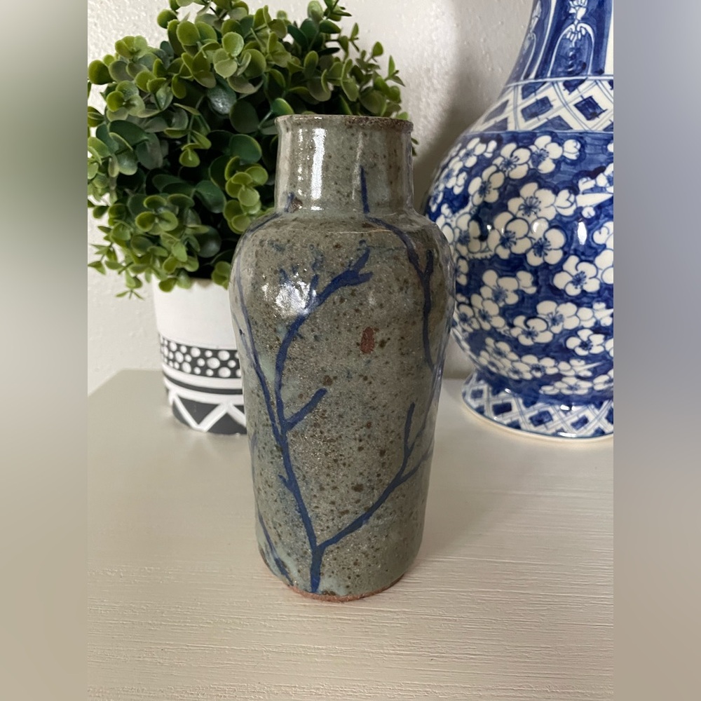 Glazed handmade rustic speckled gray blue painted branches vase studio pottery